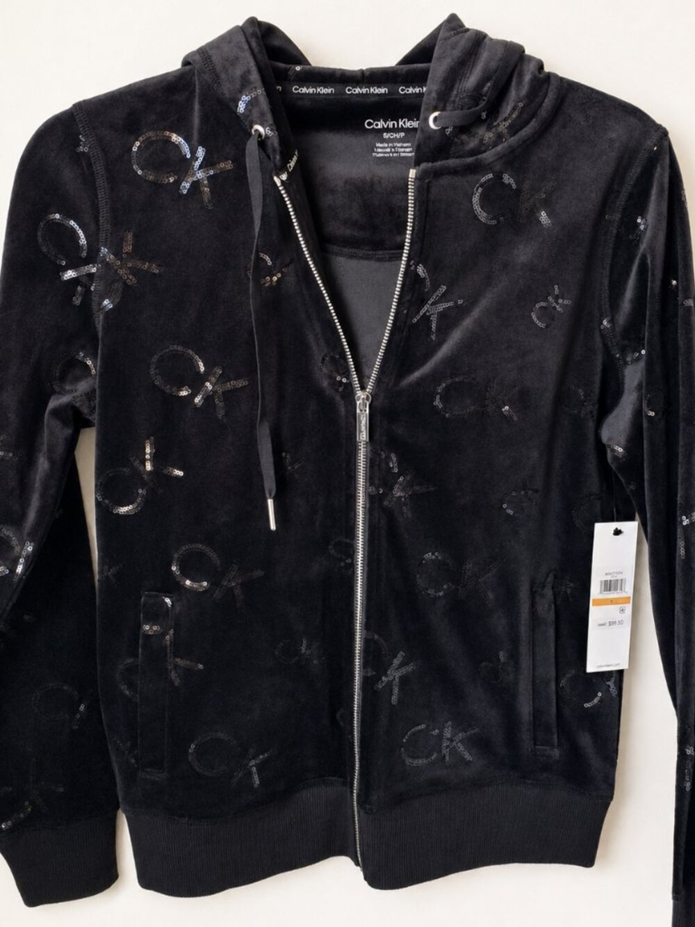 NWT Calvin Klein Black Sequin Velour Zip Hoodie Jacket — Small - Picture 2 of 8